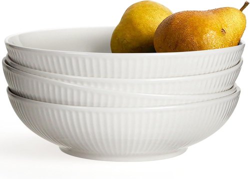 Artena Ceramic Pasta Bowls - 32oz Large Striped Salad Bowls Set of 4 | White Microwave & Dishwasher Safe