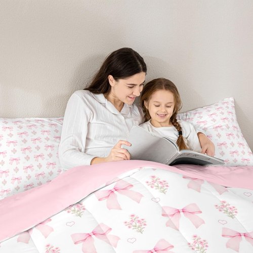 Erosebridal Pink Bow Queen Comforter Set for Girls Teens Bedroom,Girly Ribbon Pink Floral Coquette Bedding Set Coquette Bowknot Bed Set Bowtie Heart Bedding Comforter Sets Garden Flowers Quilt 3 Pcs