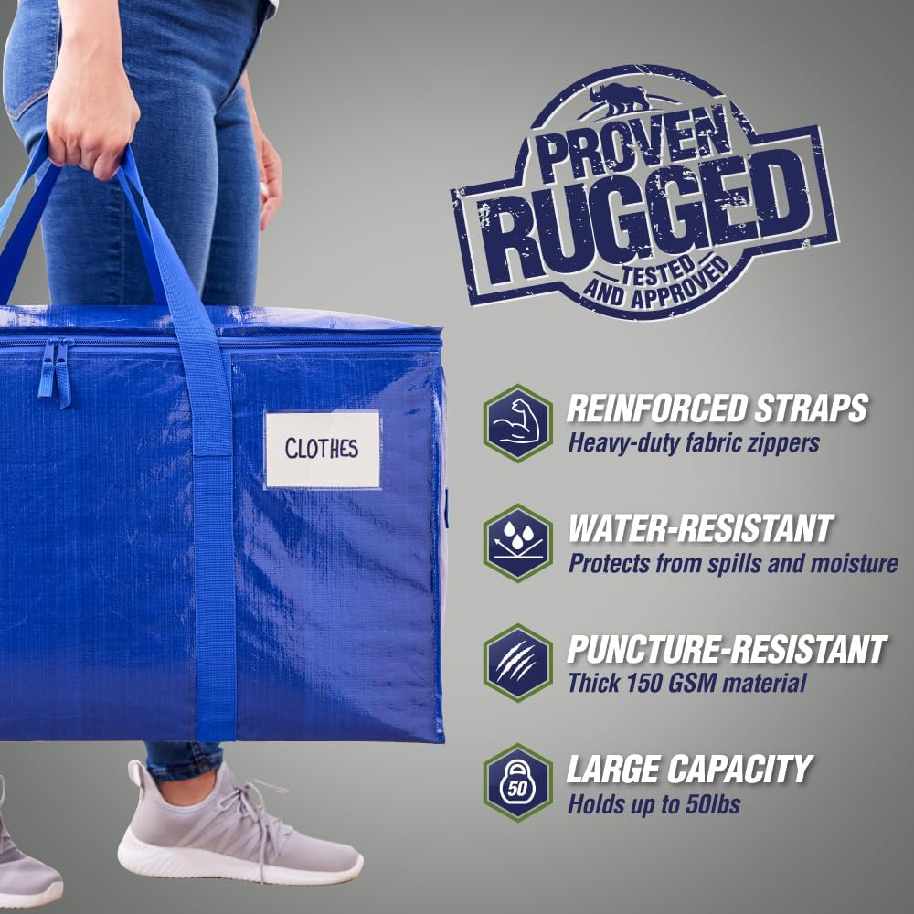 RUGGED RHINO Heavy Duty Extra Large Moving Bags - Durable, Space-Saving Storage | 4 Pack, Blue/Clear