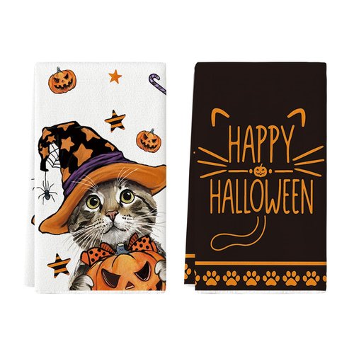 Artoid Mode Pumpkin Cat Happy Halloween Kitchen Towels Dish Towels, 18x26 Inch Spider Web Jack-O'-Lantern Decoration Hand Towels Set of 2