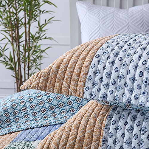Cotton Bedspread Set - Queen Size Reversible Blue Floral Quilt