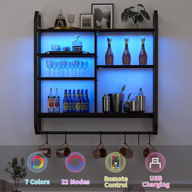 Nidouillet 34" Gaming Floating Shelves, Large LED Wall Mounted Display Shelf, Adjustable Hanging Pipe Shelf Bookshelf with Lights 6 Hooks for Game Living Room Bedroom Coffee Bar Kitchen Decor Black
