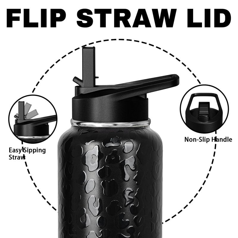 Leopard Print Water Bottle 32oz Vacuum Insulated Black Cheetah Water Bottles with Straw Lid Gifts for Women Men Leopard Print Stuff Accessories Stainless Steel Thermoses