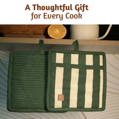 Folkulture Pot Holders for Kitchen | Pack of 2 (8x8) Ribbed Soft Silicone Hot Pads for Kitchen | 100% Cotton Cute Oven Pot Holders Set | Heat Resistant | Machine Washable | Non Slip | Matcha