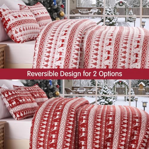 CAROMIO Queen Size Christmas Quilt Set 90x96 White/Red Holiday Bedding