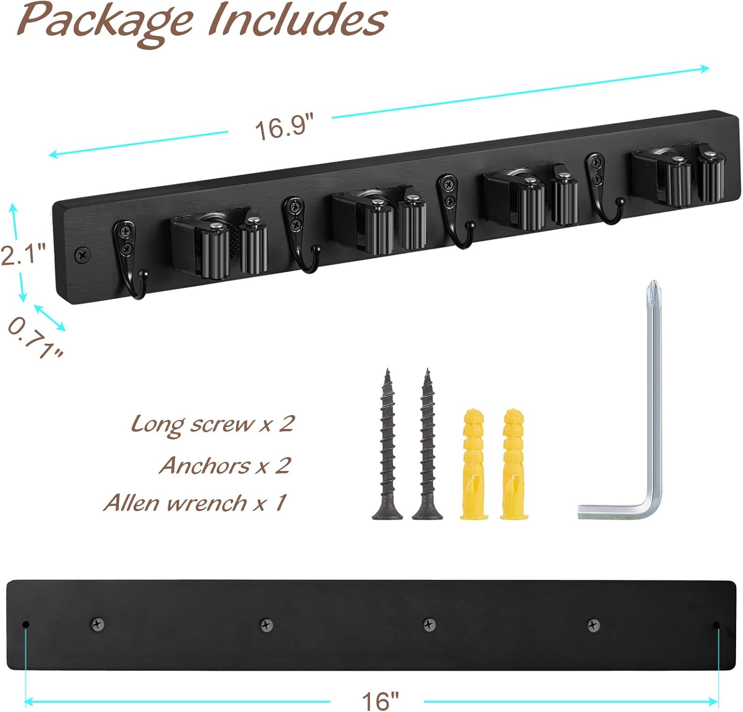 OUTNILI Mop Broom Holder Wall Mount - 2 Pack Black Organizer with 4 Slots & Hooks for Garage, Closet, Laundry Room