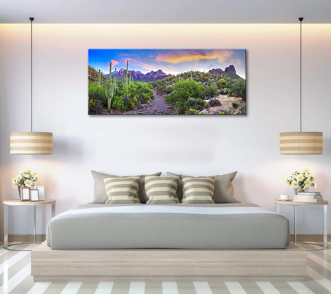 KLVOS Cactus Landscape Wall Art Colorful Sunset with Saguaros in North American Sonoran Desert Painting Gallery Wrapped Botanical Cactus Picture Framed for Living Room