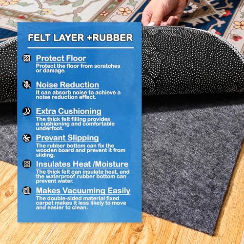8x10 ft Non-Slip Rug Pad, Waterproof Felt Carpet Padding for Hardwood Floors