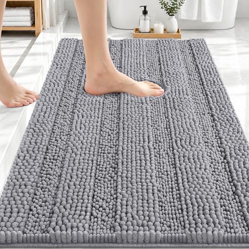 OLANLY Striped Chenille Bath Rug 30x20 Grey Absorbent Rubber Backing