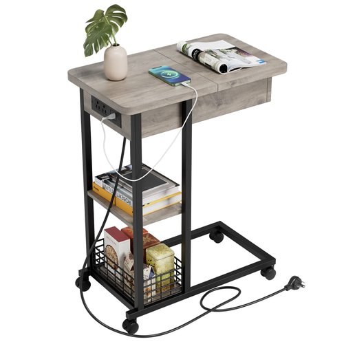 IDEALHOUSE C Shaped End Table with Charging Station, Grey Flip Top Sofa Table with USB Ports and Outlets, Narrow Side Table with 3 Tier Storage Shelf for Living Room, Bedroom, Small Spaces