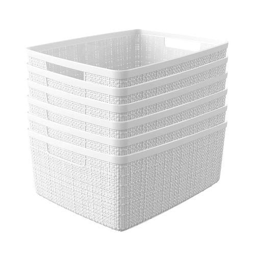 Curver Set of 6 Medium 12L Jute Decorative Plastic Organization and Storage Baskets - Perfect Bins for Home Office, Closet Shelves, Kitchen Pantry and All Bedroom Essentials, White