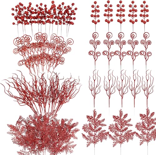 HOHOTIME Red Glitter Christmas Picks Set - 80 Pcs Holiday Tree & Decor