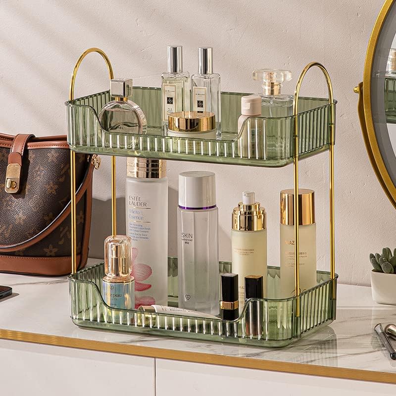 Shuang Qing Bathroom Counter Organizer - 2-Tier Makeup & Skincare Shelf in Green | Dresser & Vanity Storage