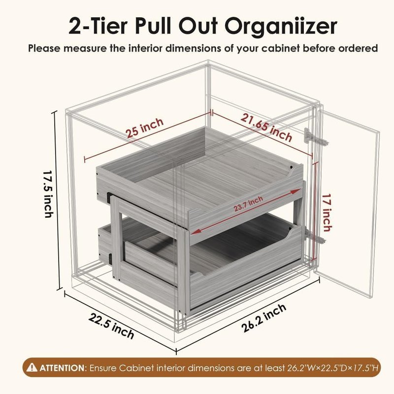 Landmok Pull Out Drawers For Cabinets, 18" W x 21.65" D x 17" H Slide Out Wooden Pull out Drawers, 2-Tier, Heavy-Duty Base Bottom Assembly Slide out Drawer Shelf Cabinet Organization for Kitchen, Gray