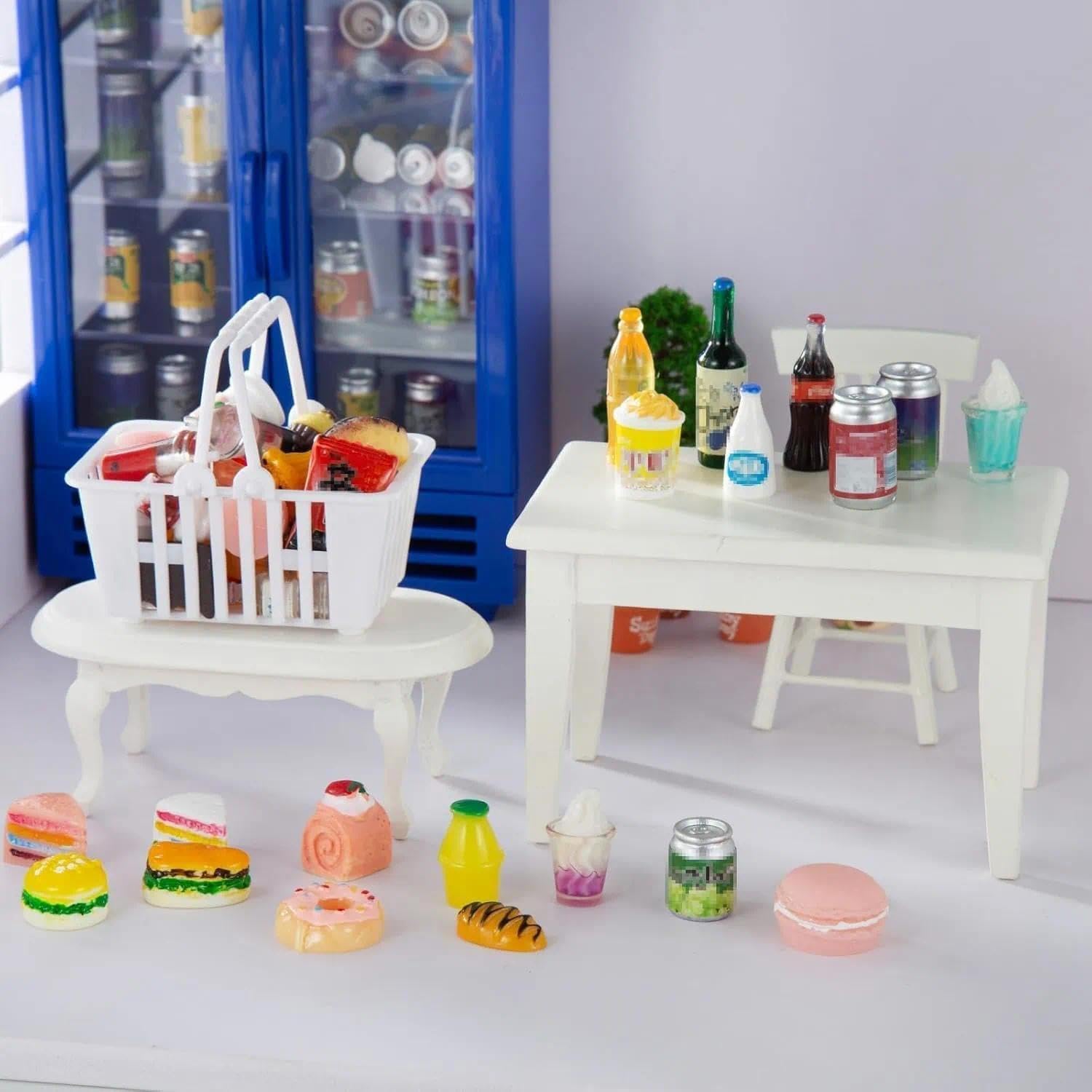 Skiennix Miniature Food & Drink Bottles - 50 Pcs for Dollhouse Play | Includes Soda Cans & Desserts