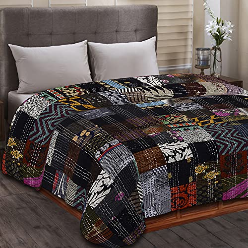 Hand Quilted Kantha Quilt - Premium Patchwork Bedspread in Black