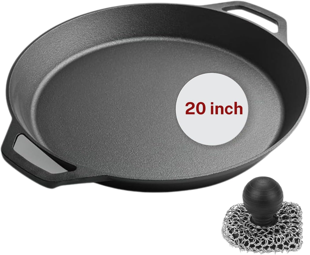 Skiennix 20-Inch Cast Iron Skillet - Pre-Seasoned Heavy Duty Pan with Dual Handles & Cleaner Scrubber | Perfect for Grill, Oven, Stove, Campfire Cooking