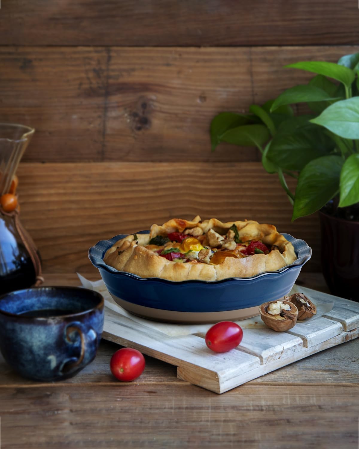 NUTRIUPS 10-Inch Round Pie Baking Dish - Oven Safe Kitchen Pie Plate in Blue