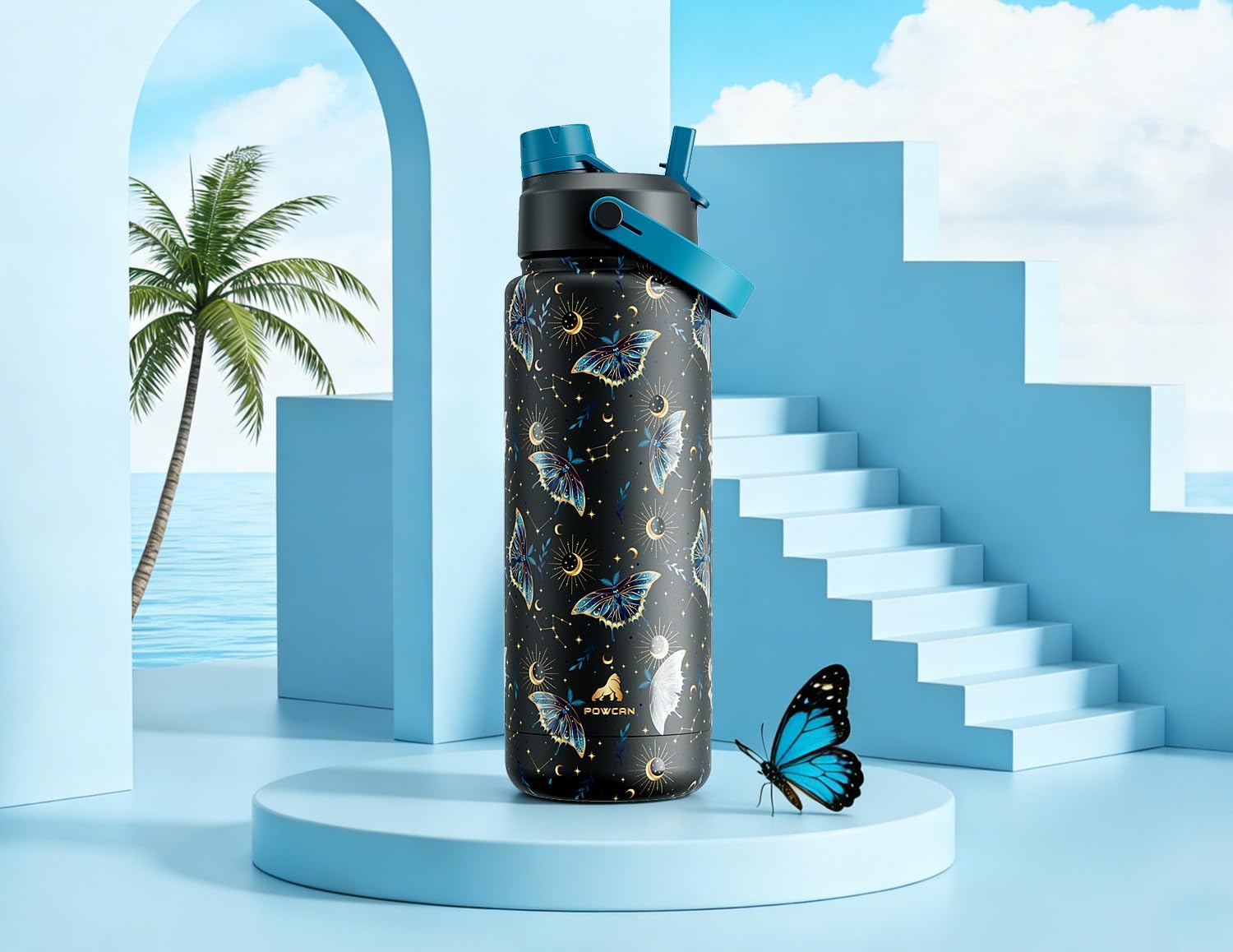 POWCAN 32 oz Insulated Water Bottle - 2-in-1 Straw & Spout Lid | Keeps Drinks Cold 24H, BPA-Free, Gilded Flutter