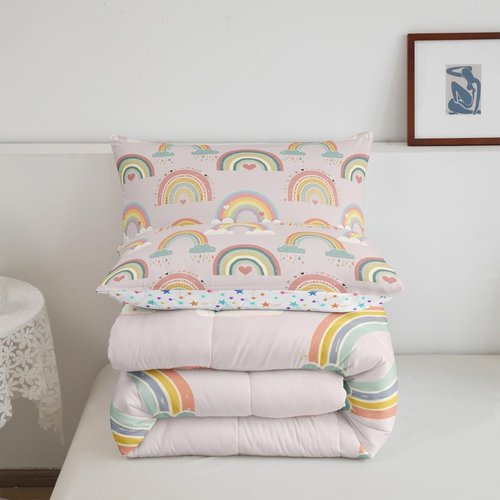 Manfei Girly Rainbow Comforter Set Twin Size, Cute Cloud Heart Bedding Set 2pcs, Cartoon Style Down Comforter for All Season, Kids Boy Girls Room Decor, Lightweight Duvet Insert, 1 Pillowcase