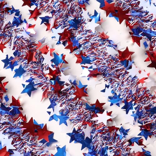 50ft Patriotic 4th of July Tinsel Garland - Red White & Blue Star Decor