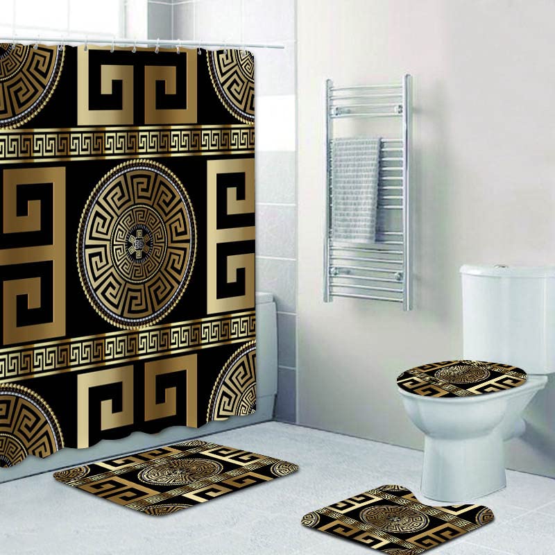 Black Gold Greek Key 4-Piece Bathroom Set - Shower Curtain & Non-Slip Mats