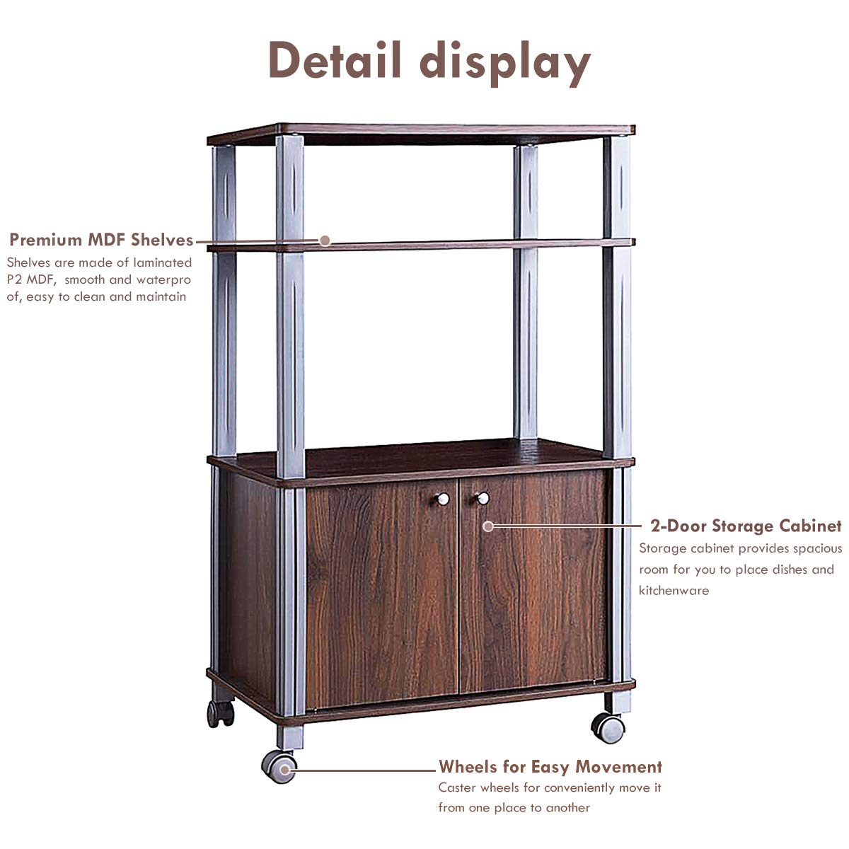 Giantex Rolling Kitchen Bakers Rack Microwave Oven Stand Utility Shelf on Wheels Storage Cart Spice Workstation Organizer with 2-Tier Shelf and Cabinet, Kitchen or Dining Room Furniture (Walnut)