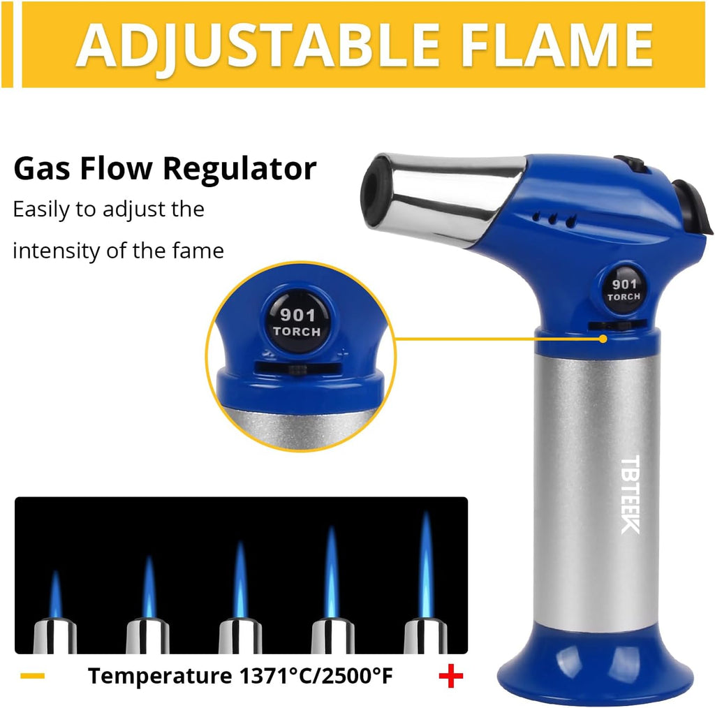 TBTEEK Butane Torch T901 - Adjustable Flame Kitchen Torch with Safety Lock | Ideal for Cooking, BBQ, Baking & DIY - Blue