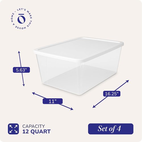 HOMZ 4-Pack Snaplock Storage Organizer Bins - Clear Plastic Containers with Lids, 12 Quart, White | Stackable for Home & Office