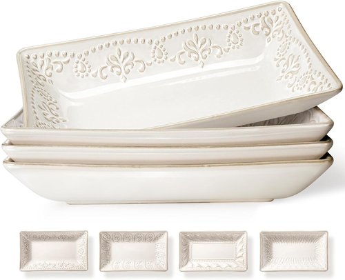 Artena Ceramic Rectangle Plates Set of 4 - Deep Lipped Edges for Appetizers, Sushi & Pasta | Microwave & Oven Safe