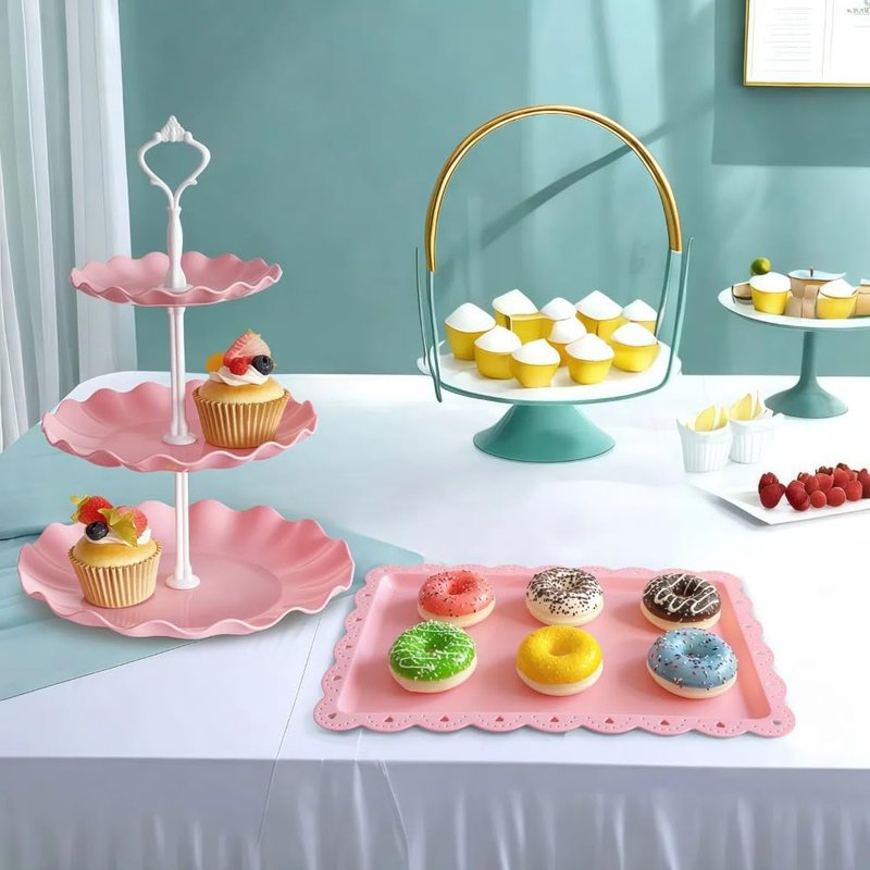 RAUVOLFIA 5 Pcs Dessert Stand Set, 2X Small 3 Tiers White Plastic Cupcake Stand Holder & 3X Rectangle Party Serving Trays/Platters for Wedding Birthday Baby Shower Tea Party Buffet (Pink)