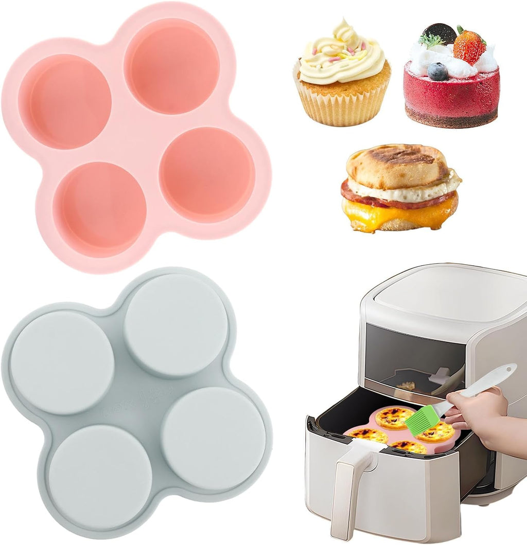 Skiennix Reusable Silicone Air Fryer Egg Mold - 2 Pcs Non-Stick Baking Pan with Oil Brush | Pink & Blue