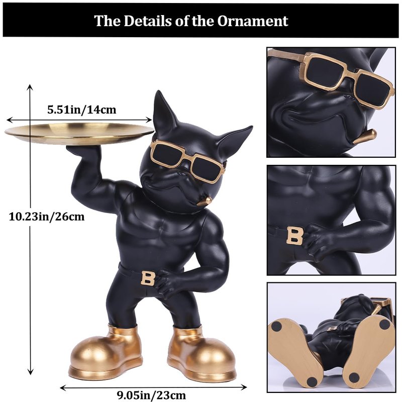 YUNSHID 13in Resin Muscle French Bulldog Statue with 2 Trays, Multi-Functional Bulldog Storage for Key Candy Jewelry, Black Dog Statue for Modern Home Decor