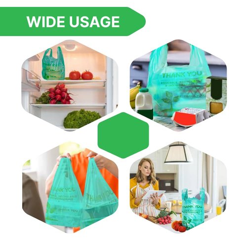 100 pcs Biodegradable Green Tshirt Plastic Bags for Small Business 22" x 12" Thank You Eco Friendly Reusable Grocery Bags with Handles for Restaurant Groceries Supermarket Supplies Retail Store