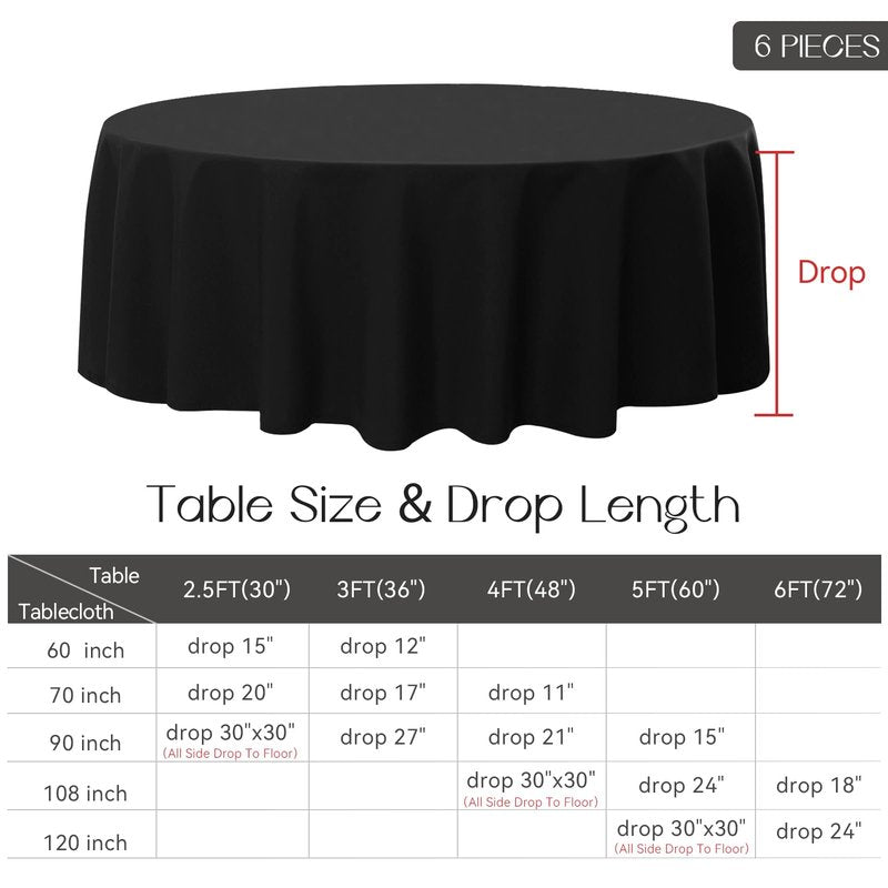 Romanstile 6 Pack Black Round Tablecloth 108 Inch, Reusable and Washable Circle Table Clothes, Stain Resistant Polyester Fabric Table Cover for Wedding, Party, Banquet, Gathering