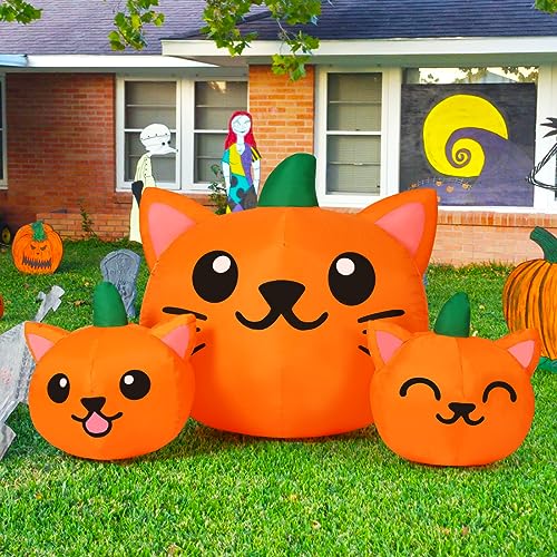 5ft Halloween Inflatable Pumpkin Cat Heads with Built-In LED Lights
