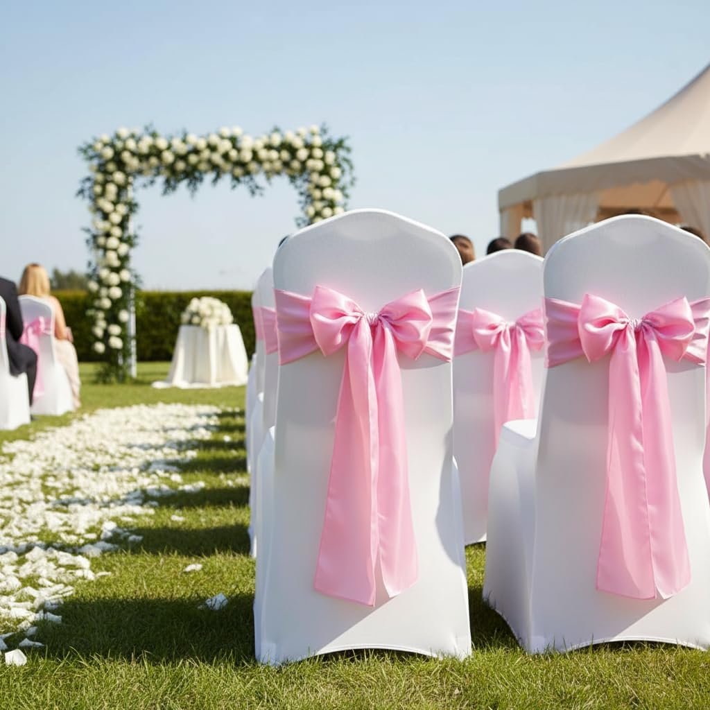 Skiennix Satin Chair Sashes - Elegant Light Pink Chair Bows for Wedding & Party Decor (10 Pack)
