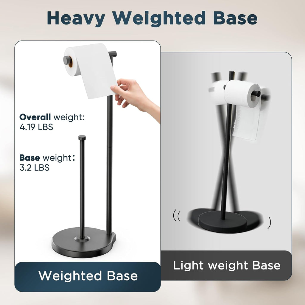 Theaoo Heavy-Duty Toilet Paper Holder Stand - Modern Freestanding Stainless Steel Tissue Roll Holder (Black)