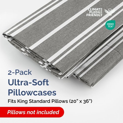 King Standard Pillow Cases - Ultra-Soft Hotel Quality Covers | Fade-Free & Wrinkle Resistant - Set of 2 - Grey Stripes