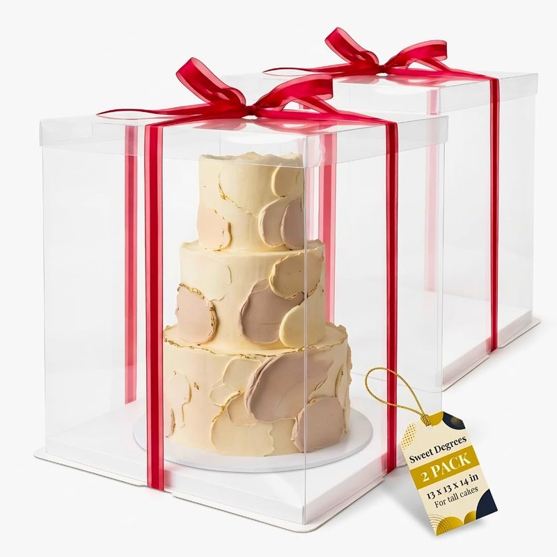 Sweet Degrees Clear Cake Box 13x13x14 Inch 2 Pack | Tall Cake Boxes for Tiered Cakes | Square Cake Carrier with Lid | Clear Gift Box for Wedding Birthday Bakery Display | PET Plastic, Ships Flat