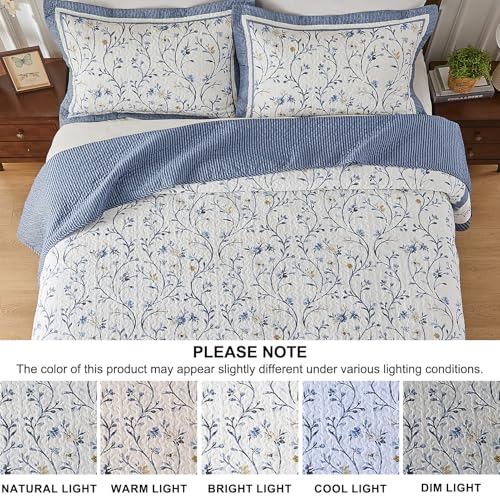102"x120" Oversized Cotton Queen Quilt Set with 2 Shams - Reversible Floral & Stripe Design