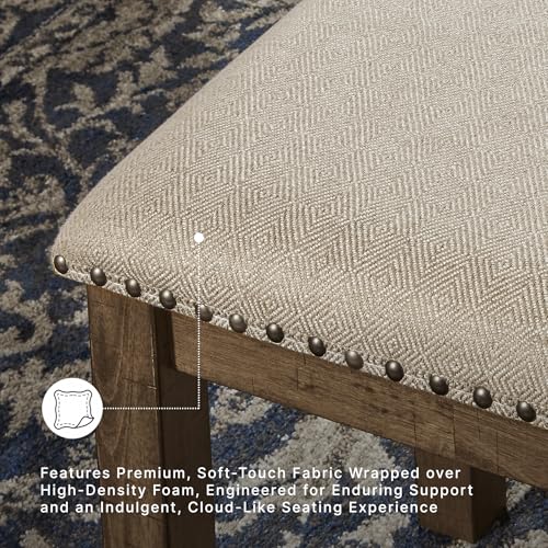 48-Inch Upholstered Dining Bench, Rustic Wood Bench with Nailhead Trim