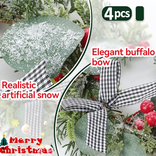 Christmas Candle Ring Wreaths with Snow, Berries & Plaid Bow - 4 Pack