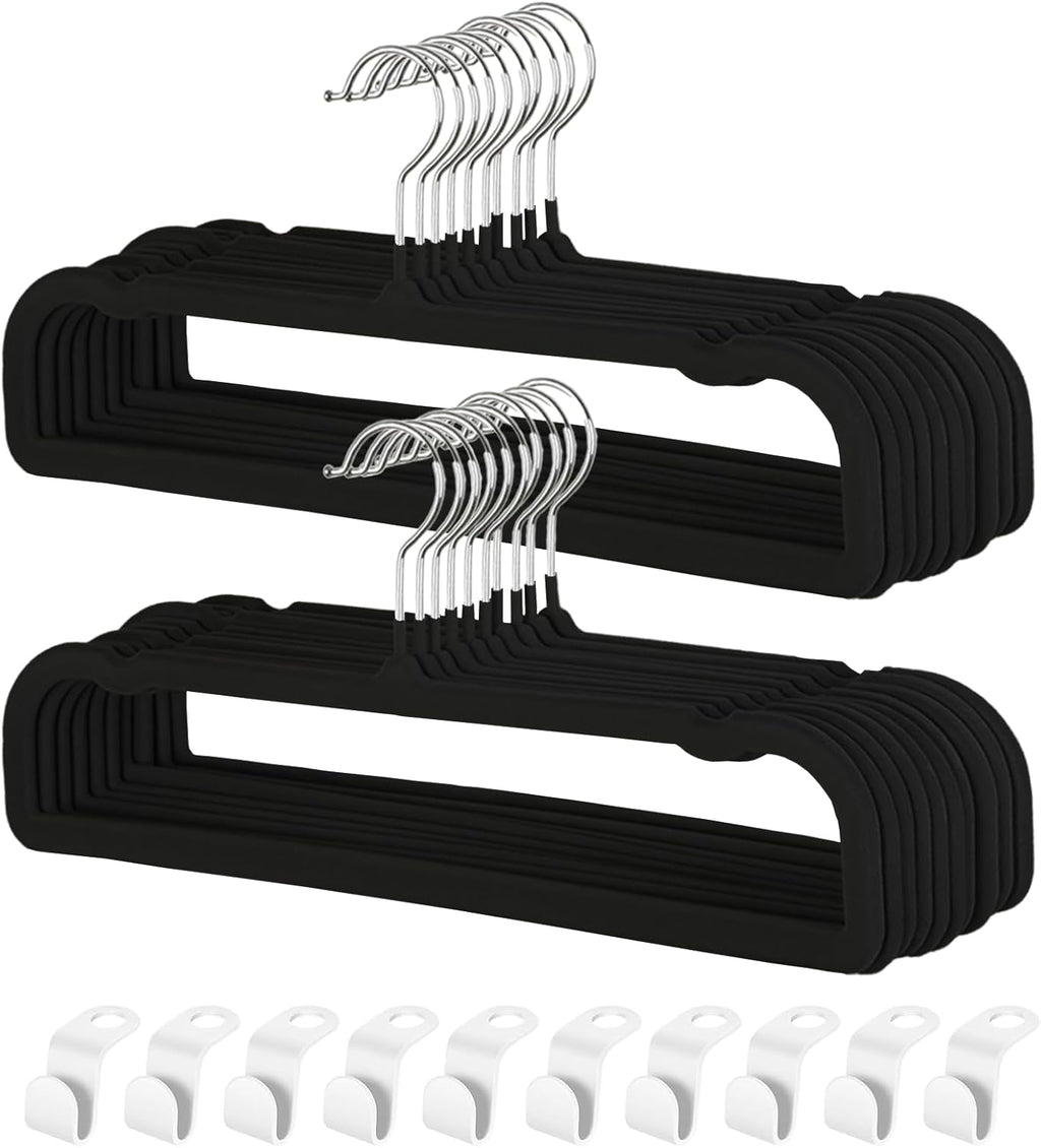 Velvet Pants Hangers by Perchas Terciopelo - Non-Slip 20 Pack for Space-Saving Closet Organization - 360° Rotatable Hook (Black)
