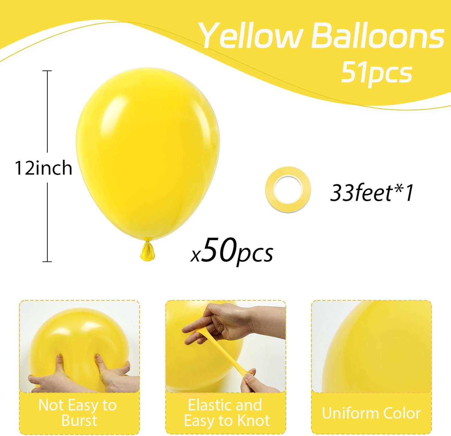 Awenztech Yellow Balloons - 12 Inch Latex Balloons | 50 Pack for Baby Shower & Birthday Party Decor
