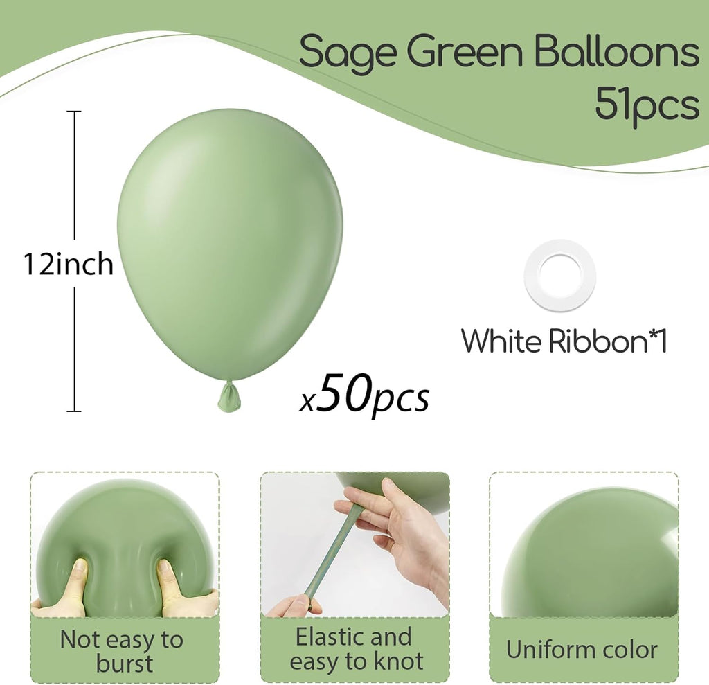 Sage Green Balloons - 12-Inch Light Pastel Latex Balloons | 50-Pack for Weddings & Parties