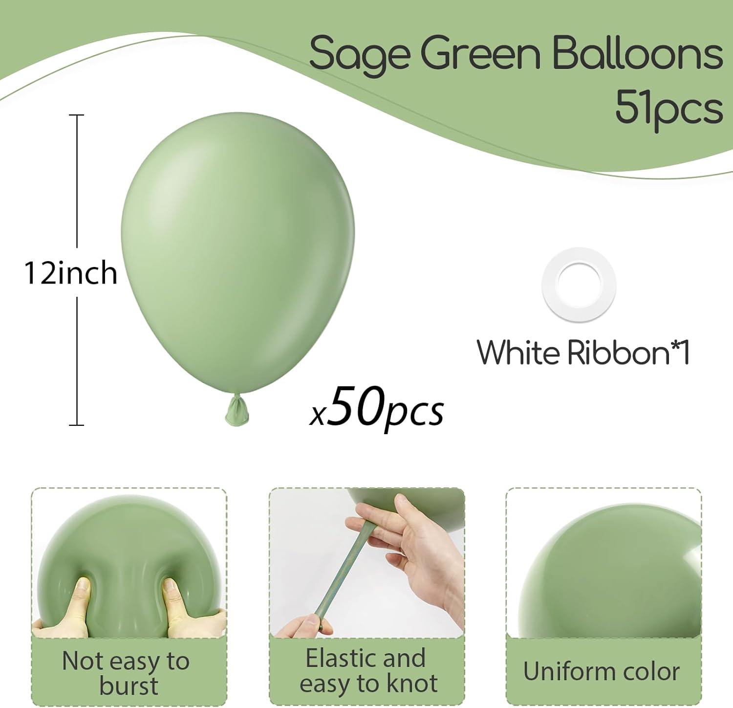 Sage Green Balloons - 12-Inch Light Pastel Latex Balloons | 50-Pack for Weddings & Parties