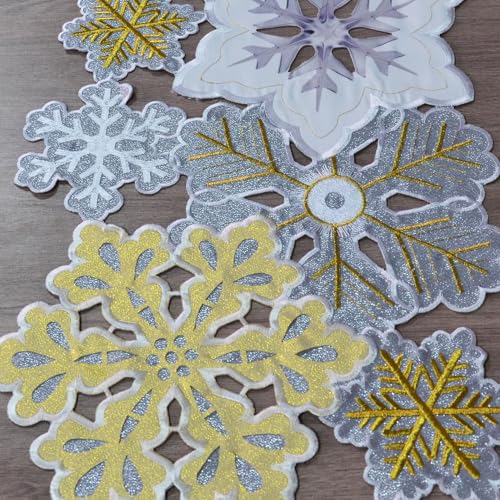 Grelucgo 14 x 120 in Machine Embroidered Silver & Gold Winter Snowflakes Table Runner
