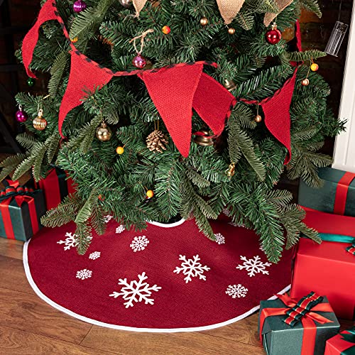 30-Inch Red Burlap Christmas Tree Skirt with Snowflake Print & Ribbon Ties