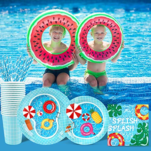 Recheel Pool Party Decorations Plates Set for Pool-Themed Summer Party, Serves 24 Guests
